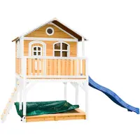 Axi Spielhaus Marc mit Sandkasten & blauer Rutsche | Stelzenhaus in Braun & Weiß aus FSC Holz für Kinder | Spielturm mit Wellenrutsche für den Garten