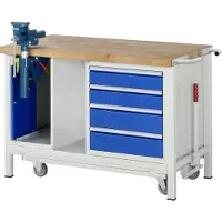 RAU Werkbank Modell 8185, fahrbar, absenkbar, mit Schrank und Schubladen, B 1250 x T 700 x H 880 mm