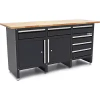 HBM Werkbank 171 cm mit 6 Schubladen und 2 Türen, massive Holzarbeitsplatte, schwarz