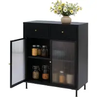 Mendler Kommode HWC-O87, Schrank Sideboard Highboard, Staufächer Schubladen Industrial Metall Schilfglas 96x80x40cm schwarz