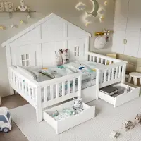 MODFU Kinderbett 90x200 Stauraum und zwei Schubladen auf Rollen Haus-Design Bettgestell mit Fenster,ohne Matratze,Weiß