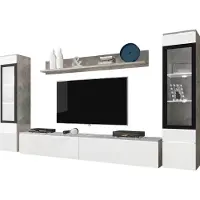 Mirjan 24 Wohnwand Vera II, Stilvoll Wohnzimmer-Set, TV-Schrank, Modern Mediawand (Beton / Weiß Hochglanz, mit Beleuchtung)