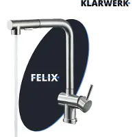 KLARWERK FELIX| Premium Edelstahl ausziehbare Küchenarmatur Silber gebürstet | Mischbatterie gerader Auslauf | Wasserhahn Gastro Hochdruck 360° 2 Anschlüsse