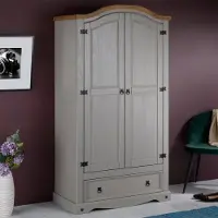 CARO-Möbel Kleiderschrank RAMON Garderobenschrank Mexiko Möbel Kiefer massiv,grau/gebeizt,gewachst, 2 Türen und 1 Schublade