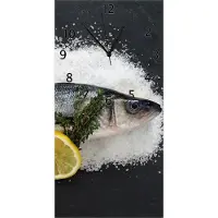 Wallario Design Wanduhr Fischmenü - Frischer Fisch auf Salz mit Zitronen aus Echtglas, Größe 30 x 60 cm