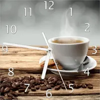 Wallario Design Wanduhr Heiße Tasse Kaffee mit Kaffeebohnen aus Echtglas, Größe 20 x 20 cm