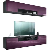 Vladon Wohnwand Mogan, Schwarz matt/Brombeer Hochglanz - Moderne Anbauwand bestehend aus 2 TV-Boards (181 x 147 x 35 cm)