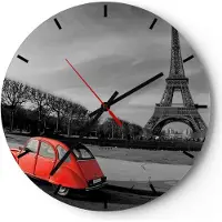 ARTTOR Wanduhr - Rund - Glasuhr - Auto Eiffle Kultur Architektur - 30x30cm - Schleichendes Uhrwerk - Lautlos - zum Aufhängen bereit - Dekoration Modern - Wanddekoration aus Glas - C3AR30x30-2655