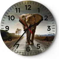 ARTTOR Wanduhr - Rund - Glasuhr - Elefant Straße Landschaft - 30x30cm - Schleichendes Uhrwerk - Lautlos - zum Aufhängen bereit - Dekoration Modern - Wanddekoration aus Glas - C4AR30x30-0214