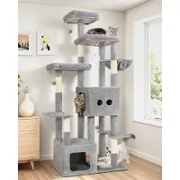 Markenlos Kratzbaum XXL über 200 cm Hoch mit 2 Extragroße Höhle 45 * 40 * 35cm, 3 Weit Gepolsterte Piattaforme, Sisal Kratzbrett, Körbe, Stabil Katzenbaum für 3-5 Große Katzen Innen (F80E, Hellgrau)