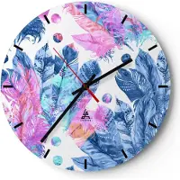 ARTTOR Wanduhr - Rund - Glasuhr - Federn Vögel Bunt Komposition - 30x30cm - Schleichendes Uhrwerk - Lautlos - zum Aufhängen bereit - Dekoration Modern - Wanddekoration aus Glas - C3AR30x30-2945