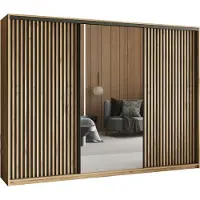 Masseno Schiebetürenschrank ORRA 270/205/60 cm Kleiderschrank mit Spiegel und Lamellen, 4 Schubladen Schlafzimmer Schrank 3-türig Eiche Wotan + Schwarz