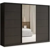 Masseno Schiebetürenschrank PINA 250/205/58 cm Kleiderschrank mit 4 Schubladen Schlafzimmer Schrank 3-türig mit Spiegel Schwarz