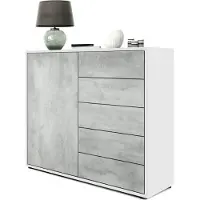 Vladon Sideboard Ben V2, Germany, Kommode mit 1 Tür und 5 Schubladen, Weiß matt/Beton Oxid-Optik (79 x 74 x 36 cm)