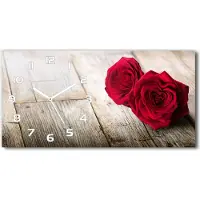 Tulup Wanduhr aus Glas – 60x30 cm - Glasbild - Glasuhr - Gehärtetes Glas - weisse-zeiger - Rosen auf Holz