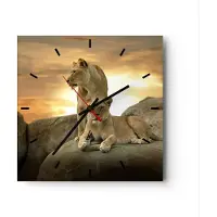 ARTTOR Wanduhr - Quadrat - Glasuhr - Löwen Sonnenuntergang Felsen Krallen - 40x40cm - Schleichendes Uhrwerk - Lautlos - zum Aufhängen bereit - Dekoration Modern - Wanddekoration aus Glas - C3AC40x40-2958