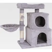 Markenlos Kratzbaum für Katzen mit Plüschball inkl. Glöckchen & Liegemulde, Höhe 70 cm, Katzenbaum mit Sisal & Plüsch, gemütliche Liegefläche & Höhlen, für kleine & große Katzen geeignet, hellgrau