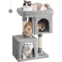 Feandrea Kratzbaum, 74 cm Katzenbaum, M, Katzenhaus für mittelgroße Katzen bis zu 5 kg, große Plattform, 2 Katzenhöhlen, Sisalstämme, hellgrau PCT612W01