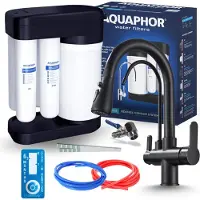 ARI 3-Wege Küchenarmatur Nordic mit Umkehrosmose Morion 102S RO, separater Auslauf für gefiltertes Wasser, herausziehbare Brause, drehbarer Auslauf, Schwarz