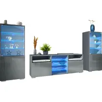 Vladon Wohnwand Granada, Anbauwand bestehend aus 2 Vitrinen und 1 TV-Board, Anthrazit matt/Grau Hochglanz inkl. LED-Beleuchtung (286 x 122,5 x 35 cm)