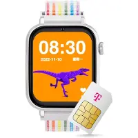 Savefamily SaveWatch+ Kinder-Smartwatch: Regenbogen Textilarmband & Weißes Aluminiumgehäuse mit dem Telekom Smart Connect S Tarif
