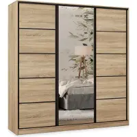 Masseno Schiebetürenschrank PINA 200/205/58 cm Kleiderschrank mit 4 Schubladen Schlafzimmer Schrank 3-türig mit Spiegel Sonoma Eiche