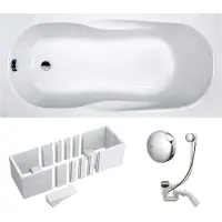 VBChome Badewanne 140 x 70 cm Acryl SET Wannenträger Siphon Wanne Rechteck Weiß Design Modern Styroporträger Ablaufgarnitur in Chrom Viega Simplex