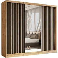 Masseno Schiebetürenschrank LAMELLO 240 cm Kleiderschrank Schlafzimmer Schrank 3-türig mit Spiegel und Lamellen Eiche Artisan