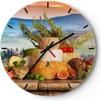 ARTTOR Wanduhr - Rund - Glasuhr - Toskana Käse Obst Italien - 30x30cm - Schleichendes Uhrwerk - Lautlos - zum Aufhängen bereit - Dekoration Modern - Wanddekoration aus Glas - C3AR30x30-2902