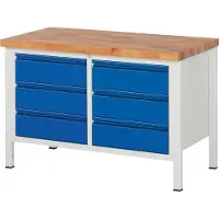 RAU Werktisch, Werkbank, Buche-Massiv-Platte 40mm, höhenverstellbar 840 - 1.040 mm, Tiefe 700 mm, 6 Schubladen, Breite 1.250 mm