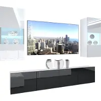Belini Wohnwand Vollausstattung Wohnzimmer-Set Moderne Schrankwand mit LED-Beleuchtung Weiß Glänzend Anbauwand TV-Schrank Weiß / Schwarz Glänzend