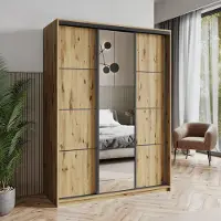 Masseno Schiebetürenschrank VARO 150/205/60 cm Kleiderschrank mit Schubladen Schlafzimmer Schrank 3-türig mit Spiegel Eiche Artisan + Schwarz