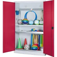 C+P Modul-Sportgeräteschrank "Komplettausstattung" mit Vollblech-Flügeltüren, HxBxT 195x120x50 cm, Ergo-Lock Muldengriff, Rubinrot (RAL 3003), Lichtgrau (RAL 7035), Einzelschließung