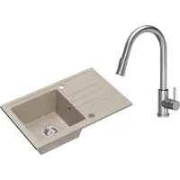 VBChome Spülbecken Granit Beige mit Armatur 70 x 44 cm Einzelbecken Einbauspüle Gesprenkelt Reversibel Granitspüle Siphon Waschbecken Armatur Inox mit Ausziehbarem Auslauf