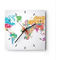 ARTTOR Wanduhr - Quadrat - Glasuhr - Karte Worte Welt Geographie - 30x30cm - Schleichendes Uhrwerk - Lautlos - zum Aufhängen bereit - Dekoration Modern - Wanddekoration aus Glas - C3AC30x30-2860