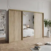 Masseno Schiebetürenschrank TAVI 270/205/60 cm Kleiderschrank mit Schubladen Schlafzimmer Schrank 3-türig mit Spiegel Sonoma Eiche + Gold