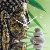 Levandeo Wanduhr Glas 30x30cm Uhr Glasbild Buddha Kopf Steine Grün Wellness Wanddeko