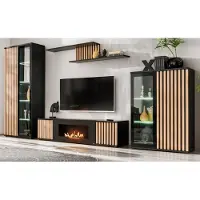 Furn.Design Wohnwand "Morgan" in schwarz und Jackson Eiche Schrankwand mit Kamin, inkl. Beleuchtung