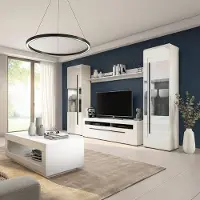 Lomadox Wohnzimmer Set 5-teilig in Weiß Hochglanz mit Couchtisch & Wohnwand inkl. LED Beleuchtung, Metallgriffe - TURDA-83