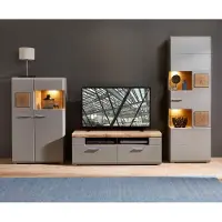 Lomadox Wohnzimmer Komplett Set FARO-36 in basalt mit Absetzungen in Eiche Hirnholz Nb. mit LED Beleuchtung, B/H/T: ca. 325/205/47 cm