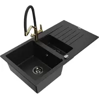 Mexen Matias 1,5-Becken-Granitspüle mit Abtropffläche und Mischbatterie Duo, Schwarz - 6502-77-671701-57-B