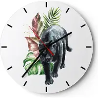 ARTTOR Wanduhr - Rund - Glasuhr - Schwarz Panther Blätter - 30x30cm - Schleichendes Uhrwerk - Lautlos - zum Aufhängen bereit - Dekoration Modern - Wanddekoration aus Glas - C3AR30x30-4813