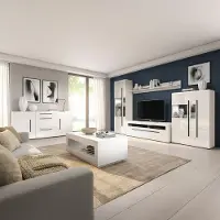Lomadox Wohnzimmer Set in Weiß Hochglanz mit Wohnwand & Couchtisch inkl. Beleuchtung, 6-teilig - TURDA-83