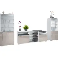 Vladon Wohnwand Granada, Anbauwand bestehend aus 2 Vitrinen und 1 TV-Board, Weiß matt/Sandgrau Hochglanz (286 x 122,5 x 35 cm)