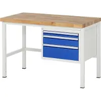 RAU Werkbank mit 3 Schubladen - Teilauszug - 60:1 / 120:1 / 180:1 - höhenverstellbar 840-1.040 mm - 1.250 x 700 mm (BxT) - Traglast 1.250 kg - Buche