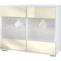 Vladon Kommode Bari V3, Moderner Küchenschrank mit 2 großen Glastüren inkl. RGB Beleuchtung Weiß matt / Creme Hochglanz (92,5 x 75.5 x 35)