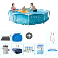 Intex Rundrahmen-Schwimmbecken – 305 x 76 cm – Wasserdruck – inklusive Pumpe Sonnensegel - Wartungspaket - Filter - Bodenplane - Solarmatte - Leiter