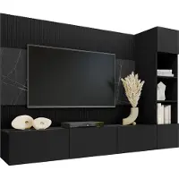 Mirjan 24 Wohnwand Deromi II, Wohnzimmer Möbel Set, Griffloses Öffnungssystem push to open, 3er-Set (Farbe: Schwarz / Schwarz + Schwarz Marmor)