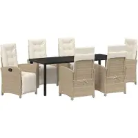 vidaXL Möbel 7-teiliges Gartentisch-Set mit Kissen aus beigem Poly-Rattan, Gartentisch schwarz 200x80x73 cm mit Sicherheitsglas - Gartenstühle 3380335