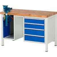 RAU Werkbank Modell 8185, 4 Schubladen, Schrank mit Einschiebetür, inkl. Schraubstock, B 1250 x T 700
